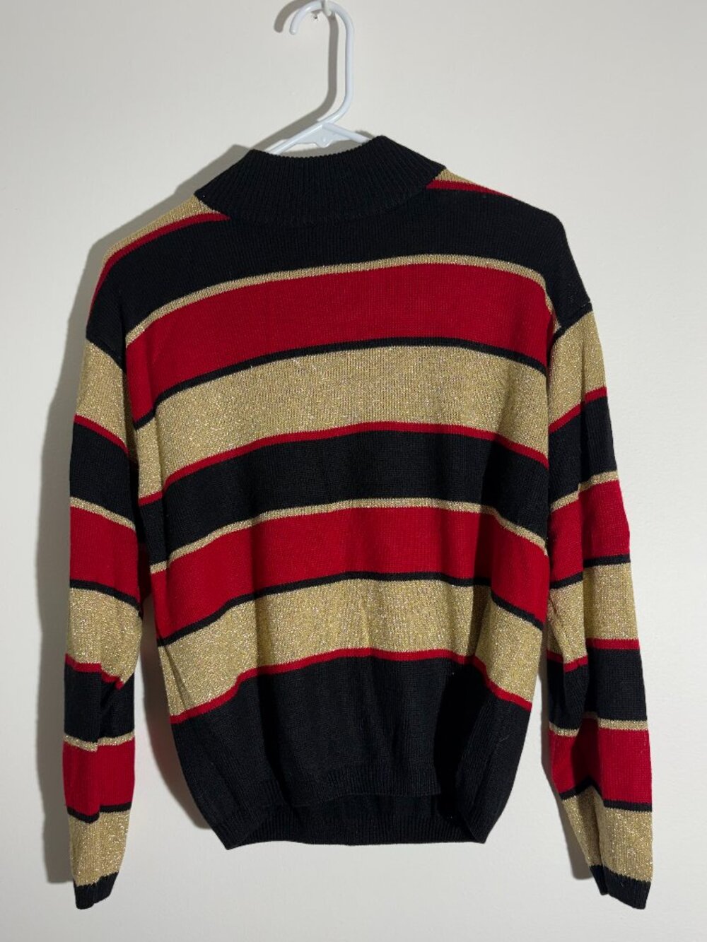 Vtg 90s Lise J Metallic Gold Red Black Striped Knit Mock Neck Sweater L